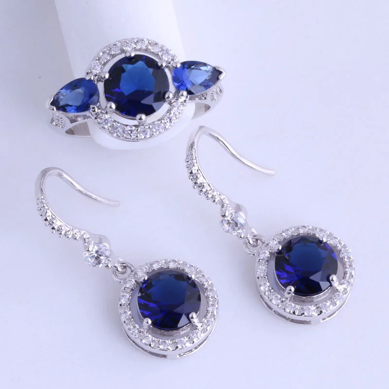 

Exquisite Blue Crystal & Cubic Zirconia 925 Stamp Silver Color Ring & Drop Earring Jewelry Sets for Women JS011
