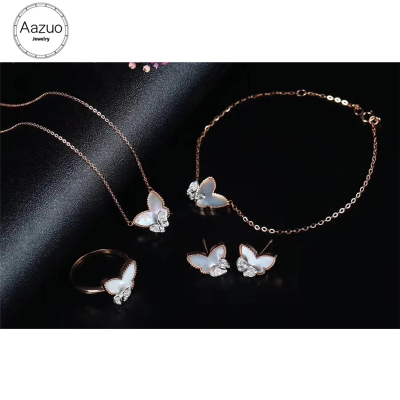 

Aazuo 18K Rose Gold Au750 Real Diamond Shell Jewelry Sets Butterfly Ring Necklace Earring Blacelet For Women Engagement Wedding