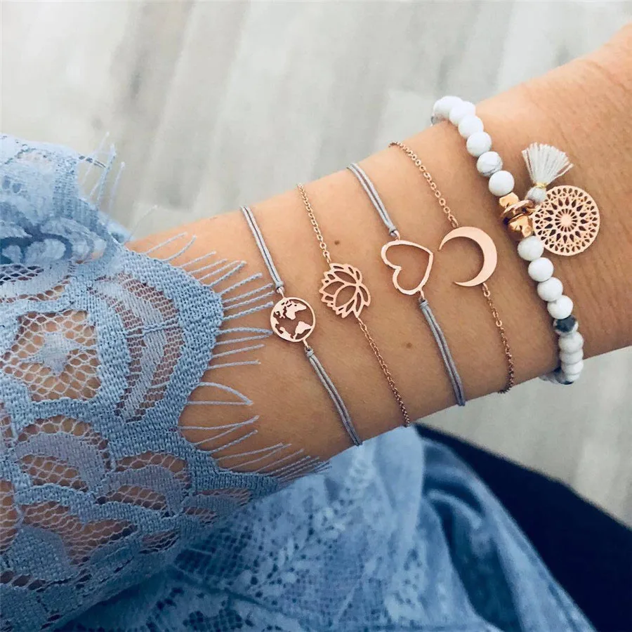 Fashion Women Bracelet Set Bohemia Jewelry Vintage Boho Turtle Map Charm Bracelets& Bangles For Girl Bead Chain Accessories - Окраска металла: S9-5PCS Heart Lotus