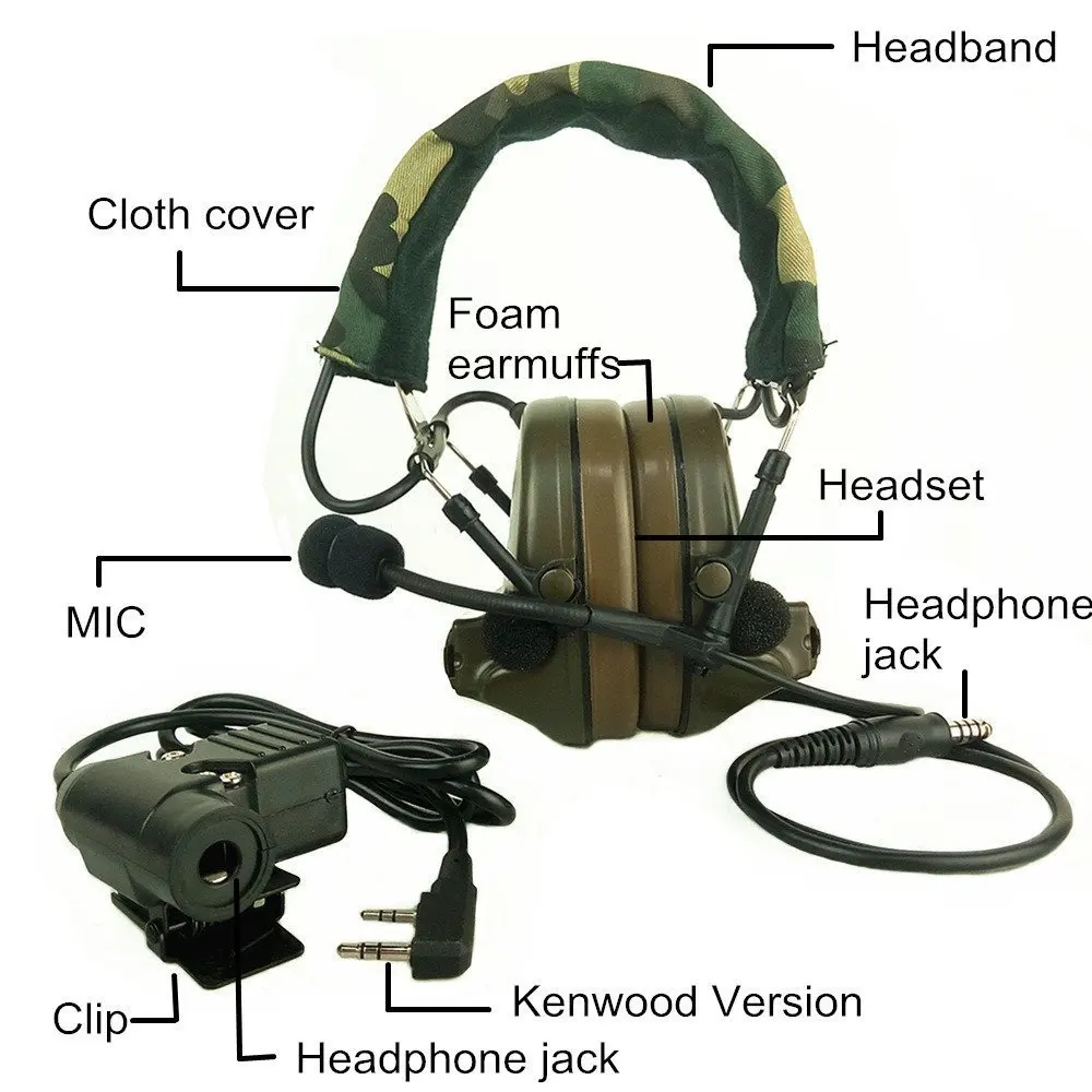 Z-TAC Tactical Headphone U94 Headset PTT Military Radio for Kenwood 2 Pin Black (6)