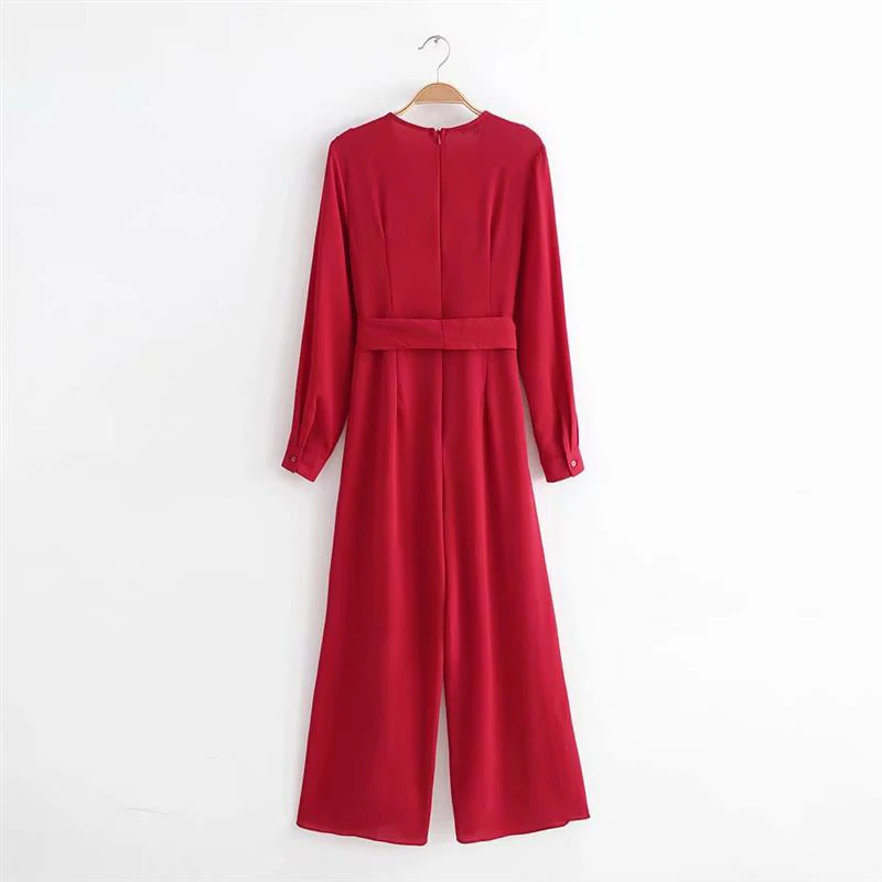 yinlinhe Red Women Jumpsuit Long Pant Solid V neck Autumn Rompers Long Sleeve High Split Sexy Belt Bow Slim Jumpsuit 7