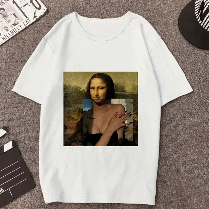 Женская футболка в стиле Харадзюку Mona Lisa белая с тонким разрезом лето
