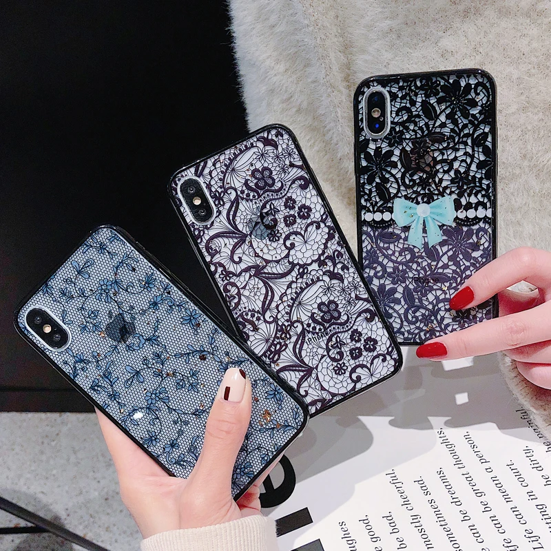 

Phone case for iphone xr cases for iphone 6 6s 7 8 plus x xs max xr epoxy crack Lace flower pattern girls case