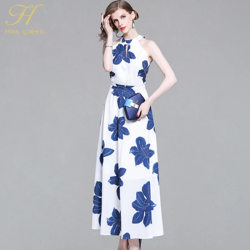 

H Han Queen European Style Halter A-line Ankle-length Long Dress Women Flower Floral Printing Dresses 2019 Summer Swing Vestidos