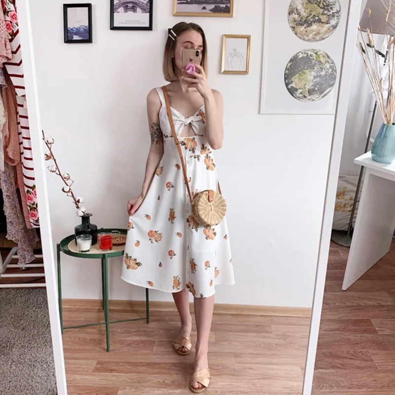 

BIAORUINA Women Casual Sleeveless V-neck Dress Women's Vintage Floral Printed A-line Dress Holiday High Waist Dress Vestidos