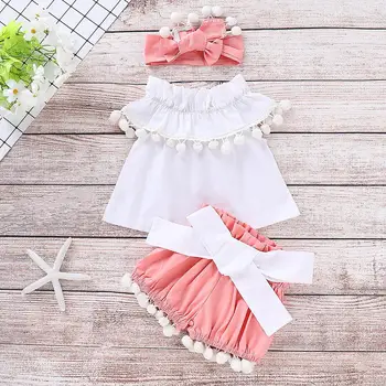 

Girls Ruffles Solid Tops Tassels Shorts Headband Outfits Baby Cotton Infant Fashion Summer Outfits