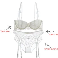 Shaonvmeiwu, сексуальный кружевной комплект нижнего белья с бюстгальтером, чашка 1/2, комплект из 4 предметов, с чулками и чулками