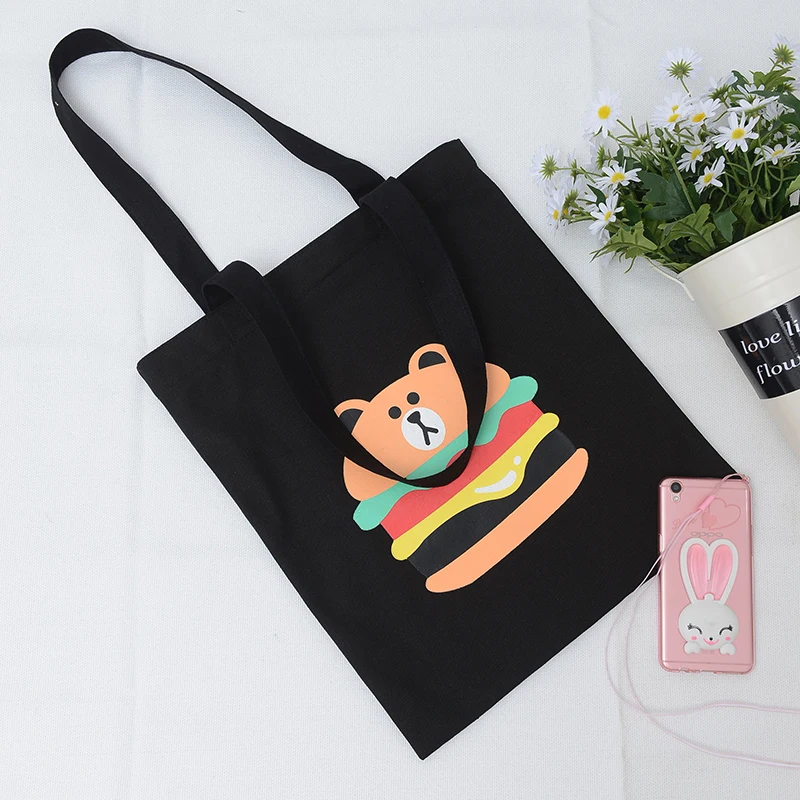 Горячее предложение модные женские туфли мультфильм печати корейский бурый медведь с изображением гамбургеров и картошки фри студент парусиновые сумки для покупок сумки на плечо - Цвет: Черный