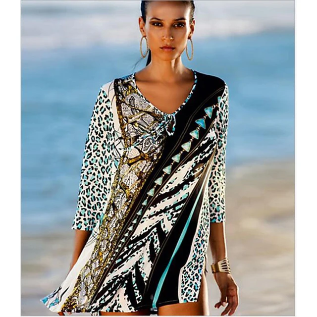 Vintage Beach Tunics 2018 New Women Beach Cover Up Dress Leopard