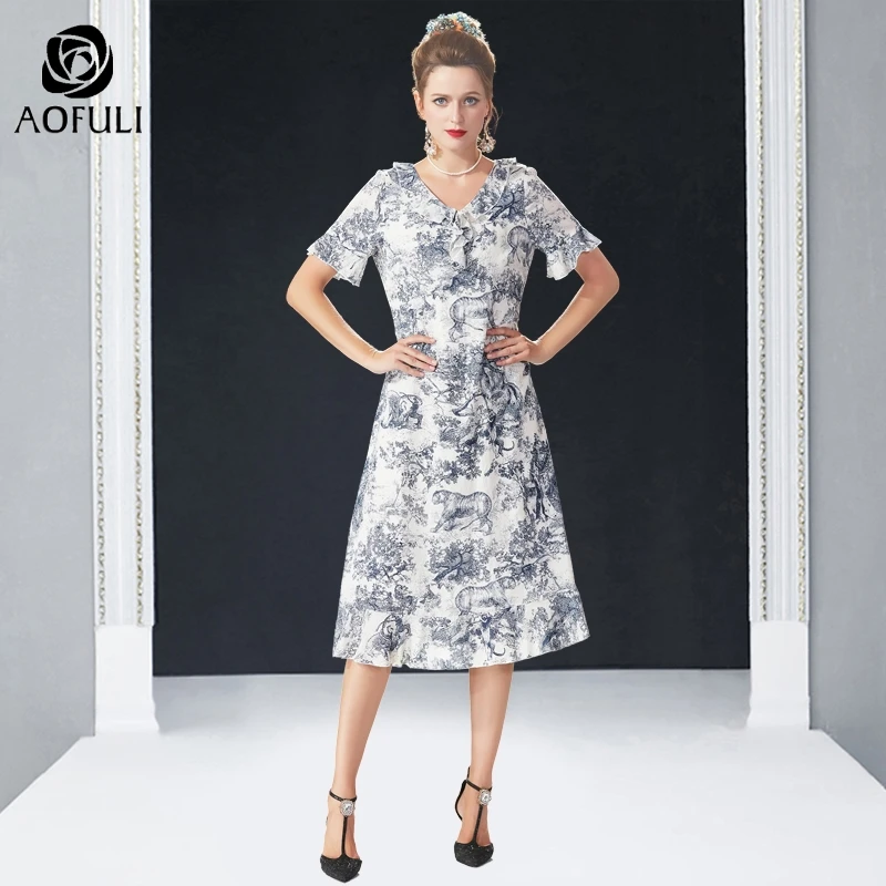 AOFULI L-4XL 5XL летнее Хлопковое платье с принтом леса тигра рюшами плюс размер женское