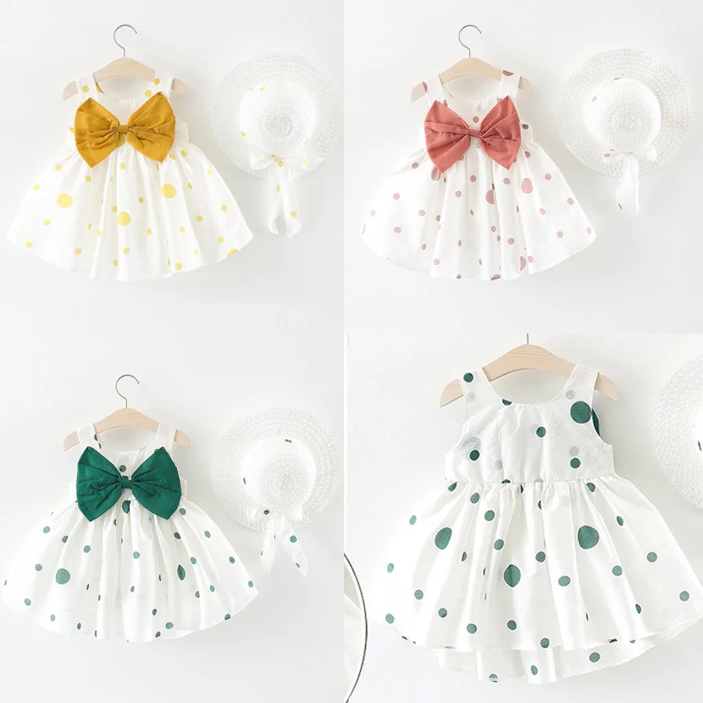 SAGACE/детские летние платья для маленьких девочек; короткое платье без рукавов с принтом в горошек и шляпой; милое разноцветное платье принцессы для маленьких девочек