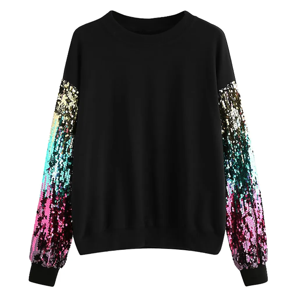 KANCOOLD top T-shirt Fashion Women girl Casual Long Sleeve Sequin T-shirt O-Neck Pullover Patchwork new top femme 2018dec25 - Цвет: Черный