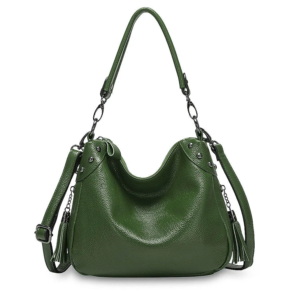 Zency элегантная фиолетовая женская сумка через плечо натуральная кожа Хобо модная дамская сумочка через плечо серая Сумочка с кисточкой черная - Цвет: Зеленый