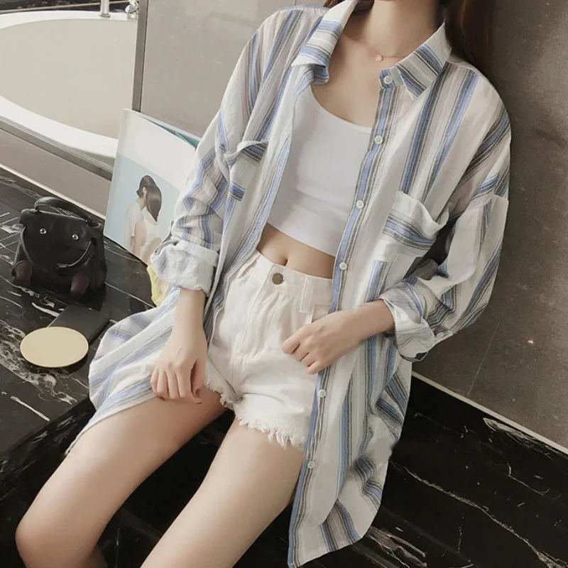 

Casual Cotton Linen Turn-Down Collar Women Shirt Long Striped Printed Blouse Pockets Women's Full Sleeves Blouse Tops Female