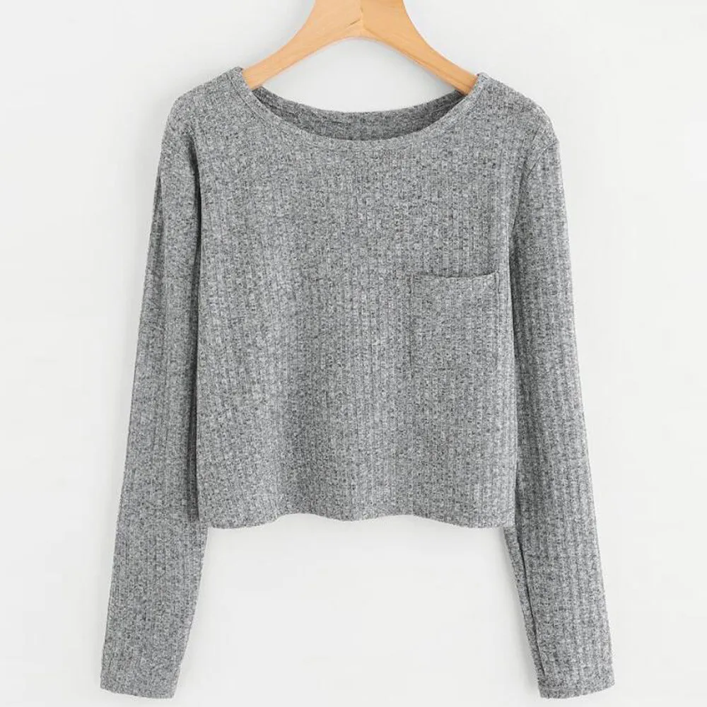 

Pocket Sweatshirt Casual solid Blouse Pullover O Neck Fashion Womens streetwear crop top sweatshirt sudadera female TT