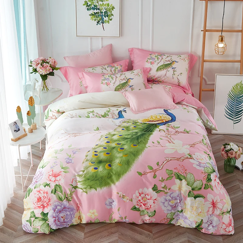 

Luxury Tencel Summer Bedding Set 4pcs Queen King Size Peacock Flower Butterfly Printed Duvet Cover Bed Sheets Pillowcase