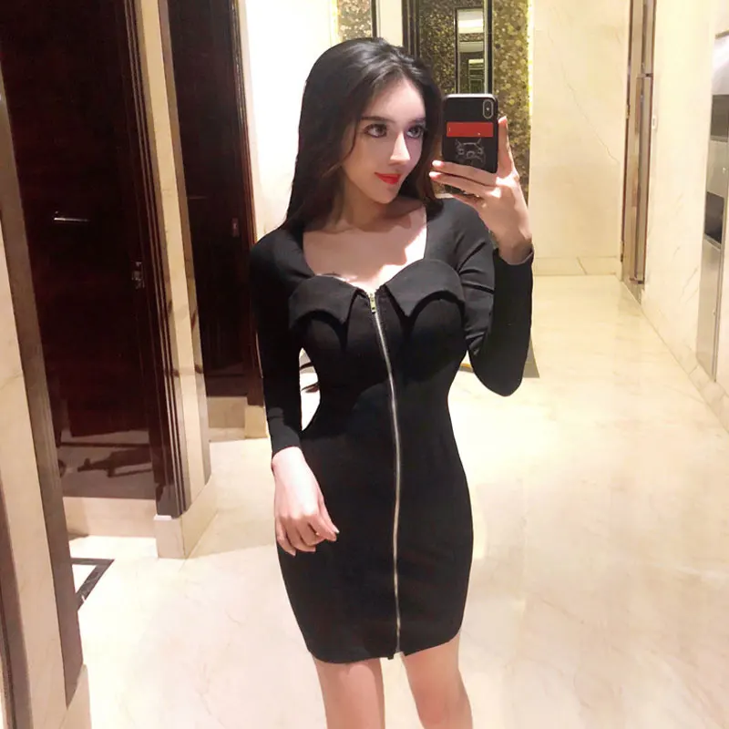 female dress bandage square collar robe femme vestidos moda feminina fashion brand designer Women's Clothing dresses black