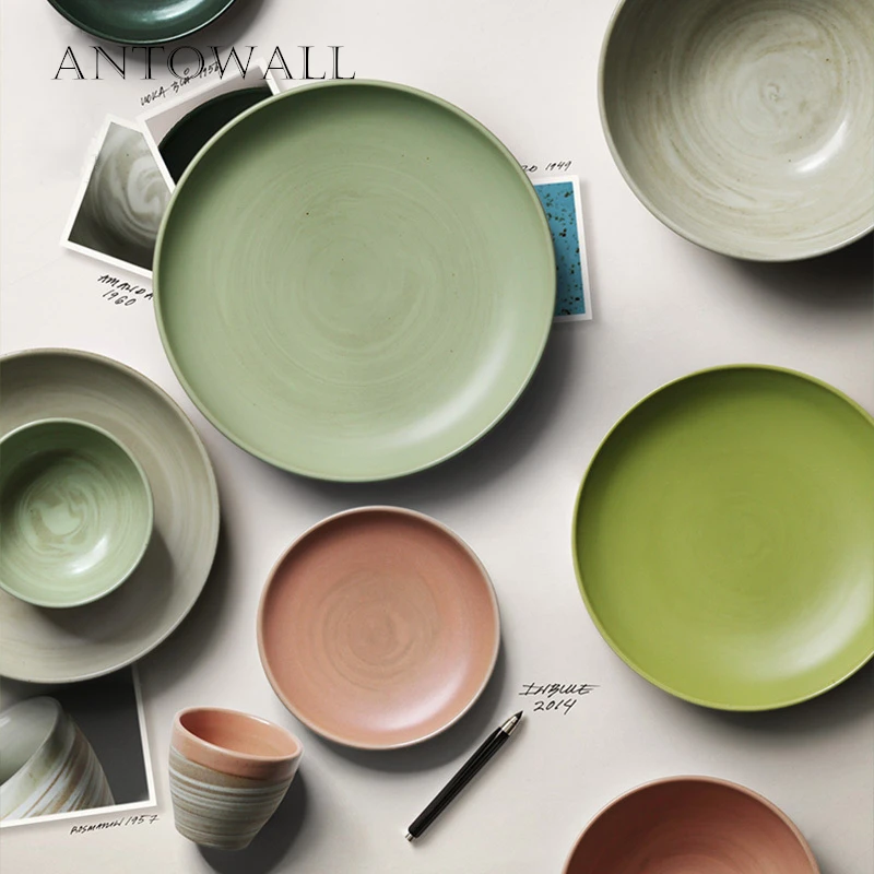 

ANTOWALL Pure Handmade Pottery Tableware Set Home Use Macarons Ceramic Western Dinner Plate Japanese Style Bowl Dish