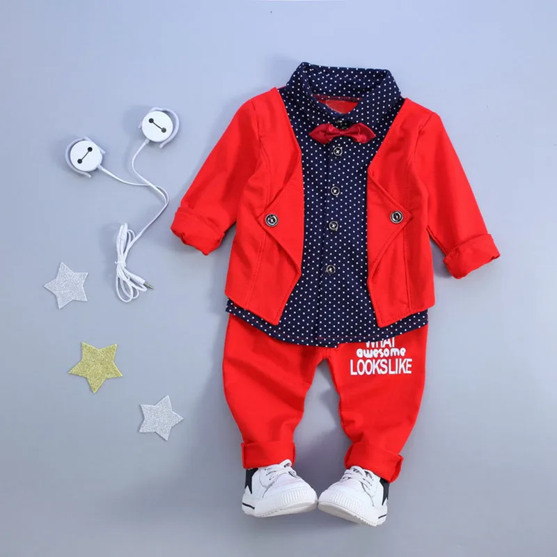 Комплекты для маленьких мальчиков рубашка в горошек с воротником и бабочкой+ повседневные брюки детские костюмы из двух предметов roupas de bebe