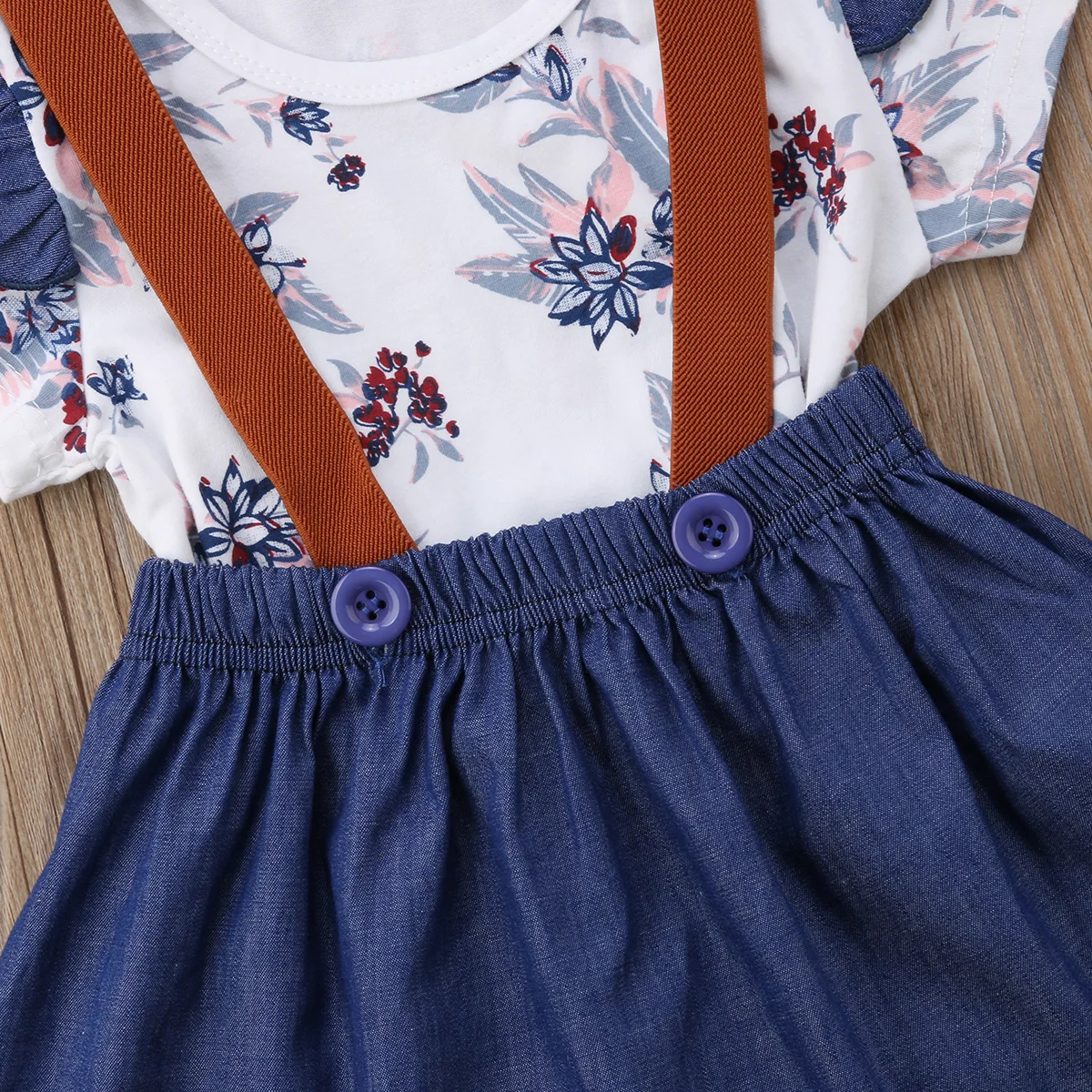 Baby Girls Romper Knit Ruffle Short Sleeve Overalls Jumpsuit Romper Princess Floral Suspenders Skirts Set