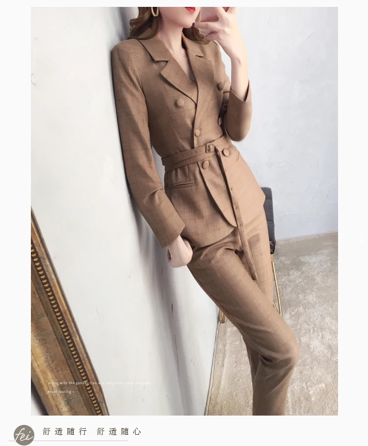 Светло-коричневый костюм женский весенне-осенний Новый Модный темперамент Британский ветер тонкий ремень маленький костюм узкие брюки из