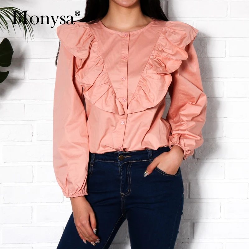 

Ruffle Blouses Shirts Women 2018 Autumn Fashion Latern Long Sleeve Shirt Women Round Collar Casual Blouse White Pink Streetwear