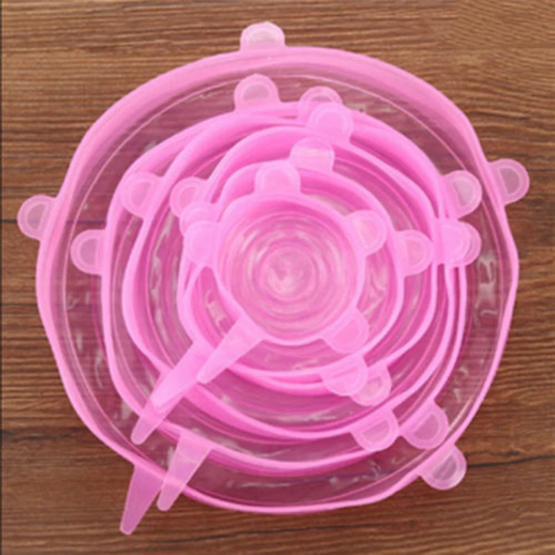 6 шт., силиконовые эластичные крышки, универсальная крышка для чаши, многоразовая Крышка для обертывания кастрюли, крышка для еды, свежая Защитная крышка для кухни, уплотнительные миски - Цвет: Pink