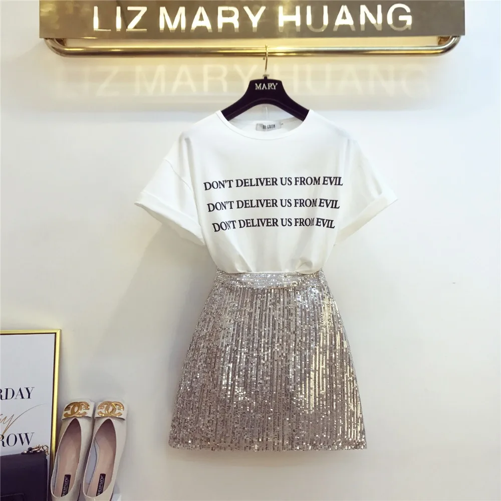 

Women's Clothes Letter Print Design T-Shirts+Sequins Package Hip Mini Skirts 2-pieces Sets Sexy Nightclub Party Clothes Sets
