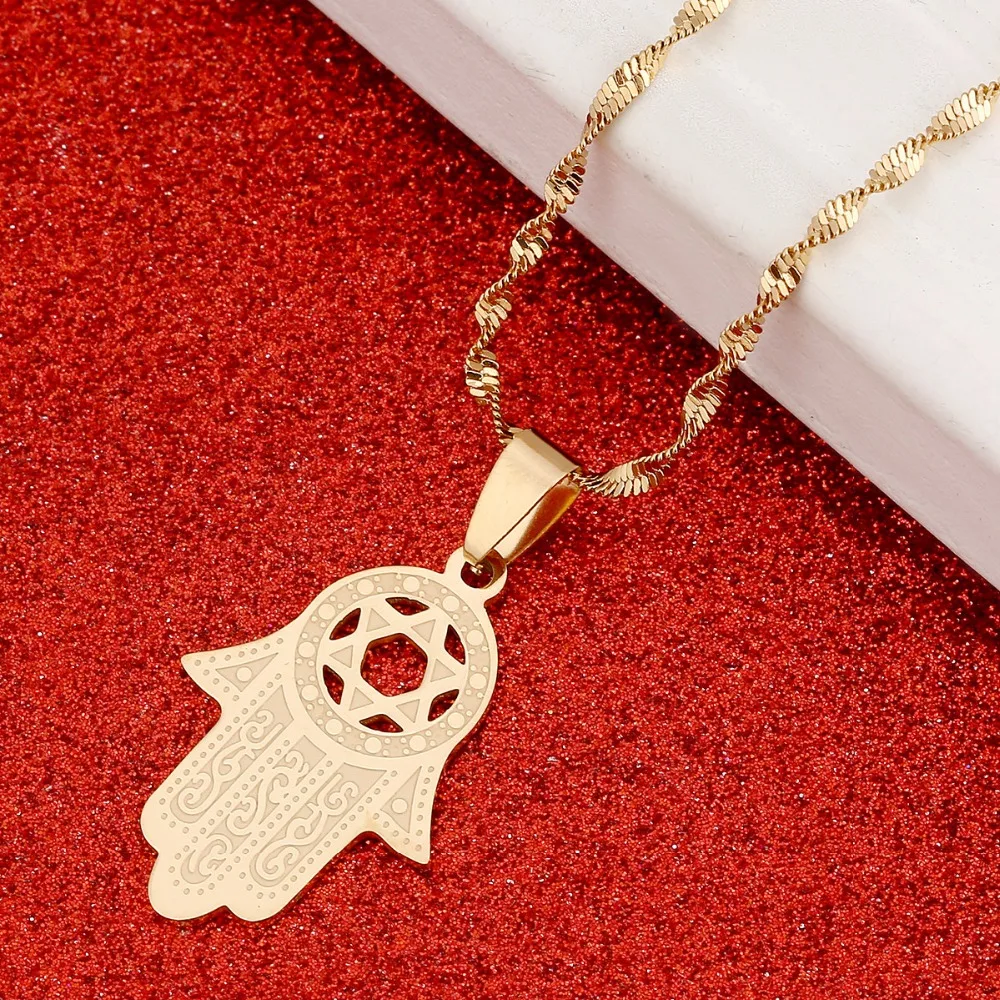 

Hexagram Hamsa Hand Pendant Necklace Magen David Necklace Gold Color Jewelry Islam Arab Jewish Star Palm Shaped