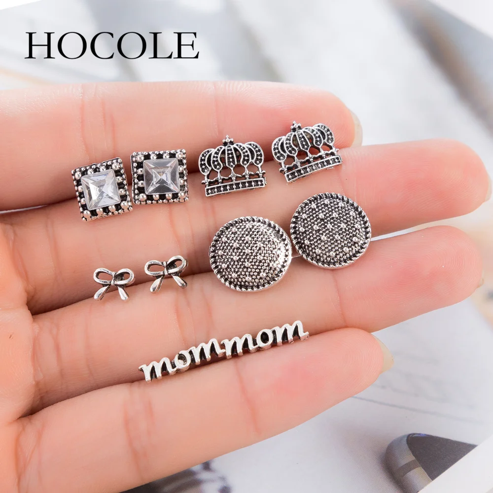 

HOCOLE 5 Pairs/Set 2018 Stud Earring Set Fashion Mom Crown Bowknot Crystal Earrings for Women Boho Vintage Geometric Jewelry