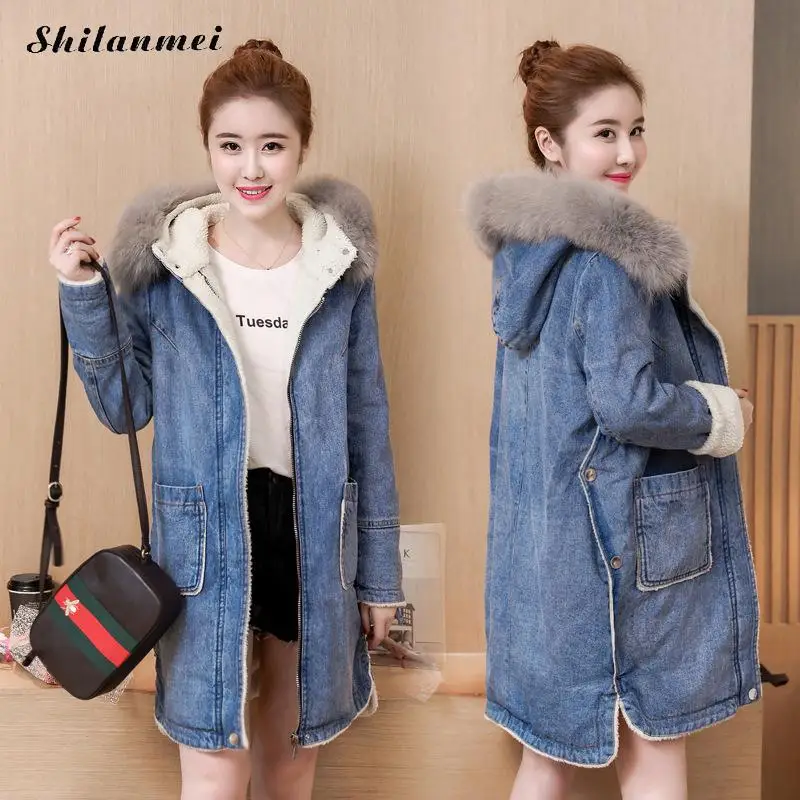 Женская зимняя Толстая длинная джинсовая куртка с воротником из искусственного меха, флисовое джинсовое пальто женское пальто из овечьей шерсти с подкладкой, теплая джинсовая куртка, верхняя одежда