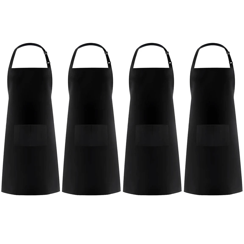 

Adjustable Bib Apron Waterdrop Resistant With 2 Pockets Cooking Kitchen Aprons For Women Men Chef, Black Pack Of 4