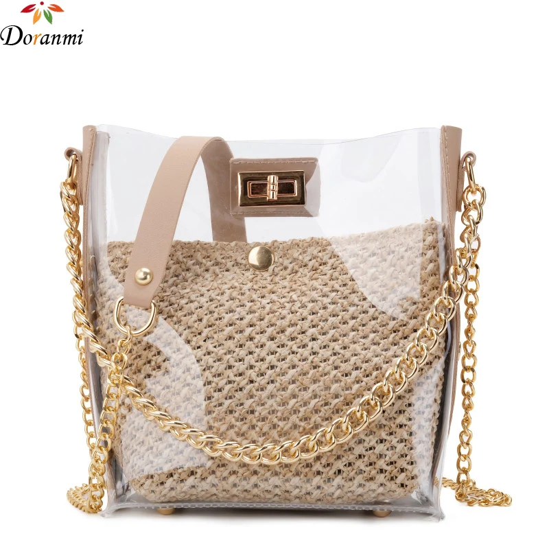 

DORANMI Fashion Transparent Handbag Women's Bag 2019 Straw Weave Composite Bag Female Chain Strap Totes Female DJB562