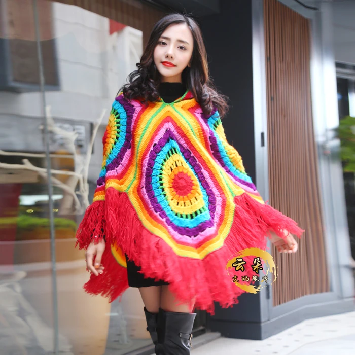 

Free Shipping 2019 Tassels Rainbow 100% wool Cloak Hooded Coat Loose Outerwear Hand Made National Women Sweaters Spring Winter
