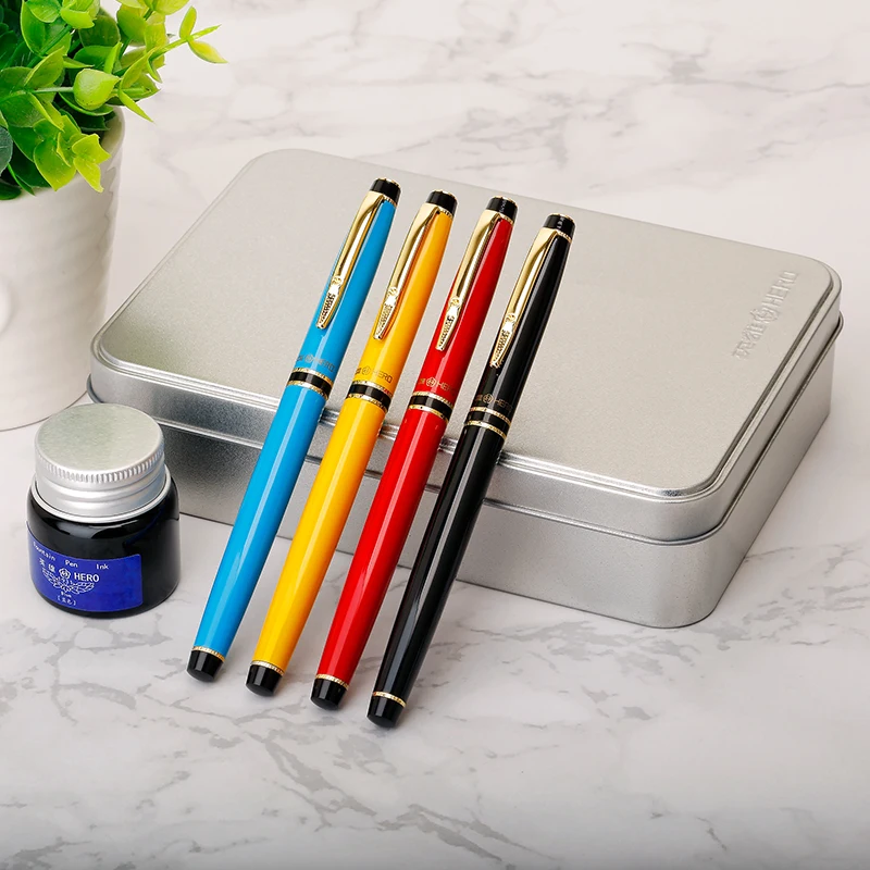 Fountain Pen Blue Ink Set Black Blue Yellow Red 0.38mm Hooded Extra Fine Financial Pens Business Gift Writing Stationery