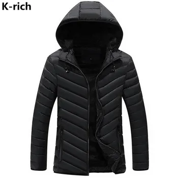

K-rich 2017 Winter Man Jacket Parka Coat Casual Hooded Solid Striped Wadded Jackets For Male L-3XL Plus Size Black Dark Blue