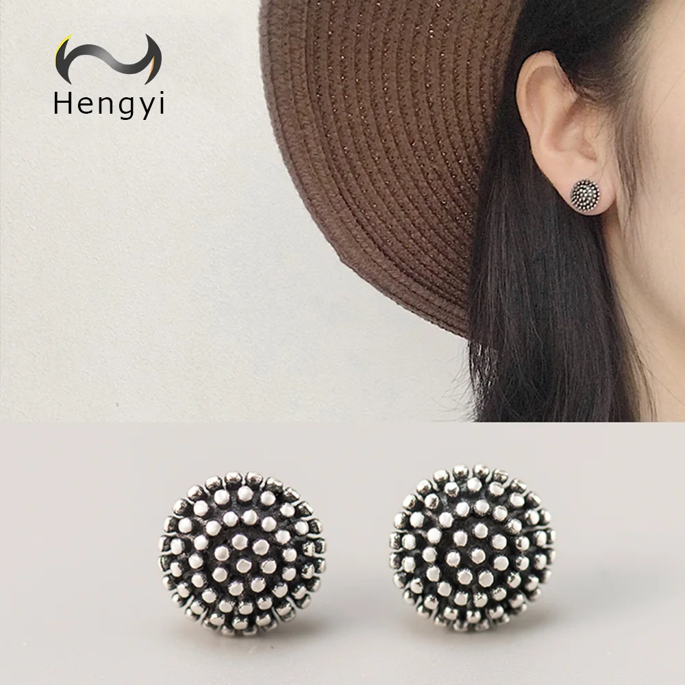 Hengyi Round Ball Shape Genuine 925 Sterling Silver Stud Earrings for Women Vintage Party 925 Silver Jewelry Fine Jewelry