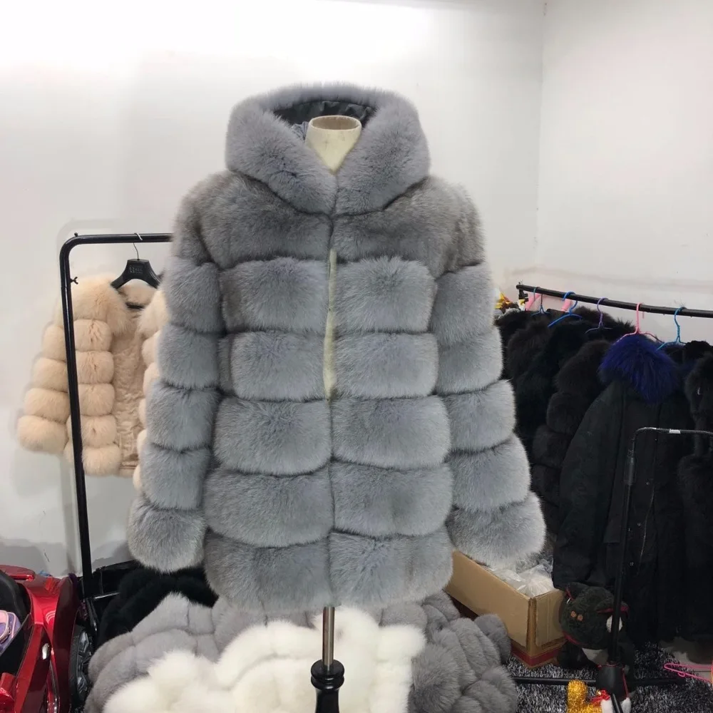 Новое Брендовое пальто с капюшоном из лисьего меха женская модная теплая длинная