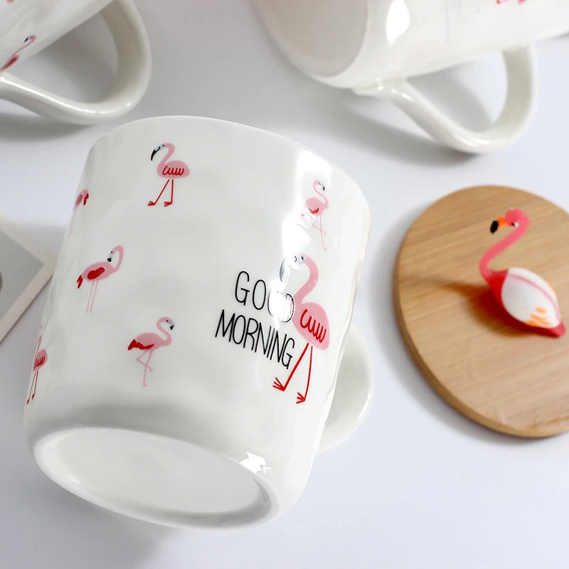 Unibird 3D Мультяшные Фламинго керамические молочные кофейные кружки с ложкой и деревянной крышкой 400 мл милые фарфоровые чайные чашки подарок для девочек