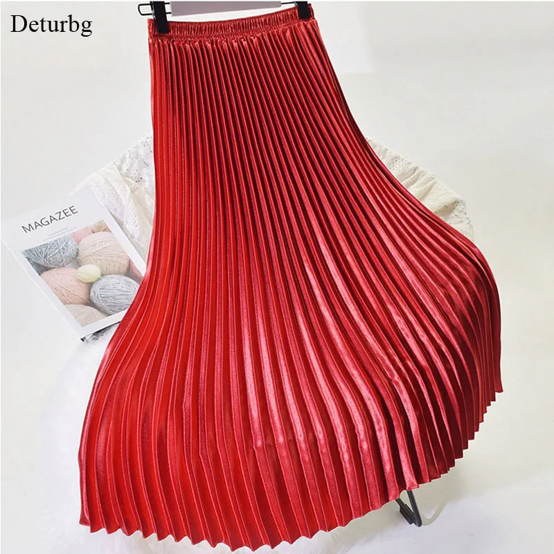 

Korean Women Fashion Pleated Satin Long Skirt Female Chic Streetwear Elastic High Waist Red Skirts Saia 2018 Autumn Winter SK245