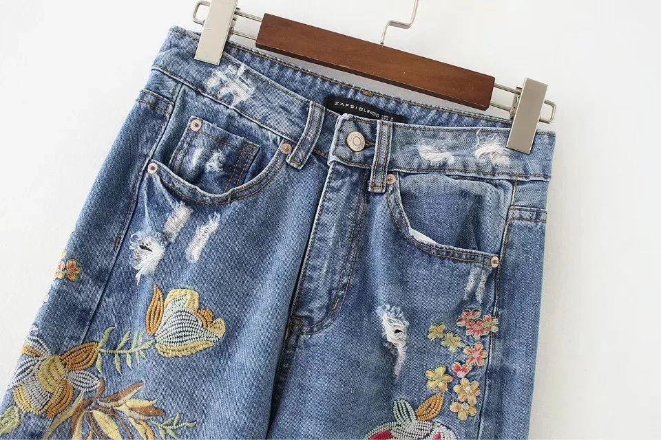 Осенние новые модные женские джинсы с цветочной вышивкой, Свободные повседневные штаны длиной до щиколотки, женские джинсы на молнии с высокой талией