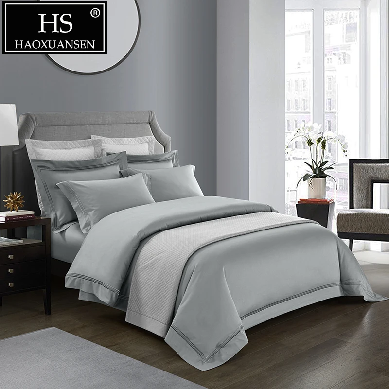 

Luxury 500 Thread Count Gray Hotel Style Embroidery Bedding Set 100% Cotton 4 Pieces Bed Linen Set Queen King Size Sheets