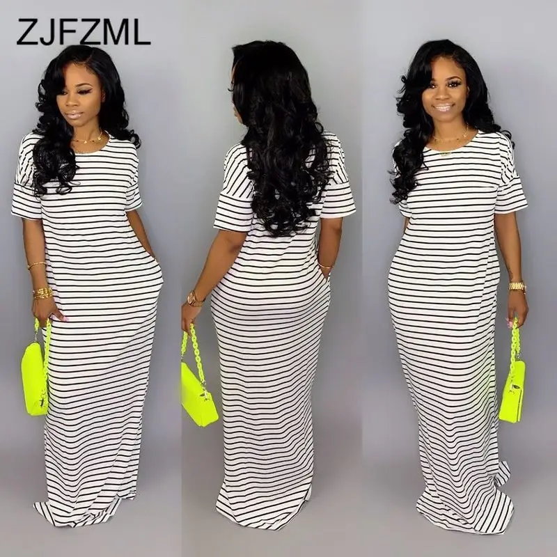 

Black White Stripe Sexy Plus Size Dress Women Scoop Neck Short Sleeve Loose Beach Dress Summer Mujer Loose Maxi Club Party Dress