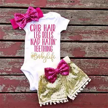 Летняя одежда для маленьких девочек, 3 предмета летнее боди, милые брюки с блестками для новорожденных, топ с бантом, головные уборы, комплект одежды для детей от 0 до 24 месяцев