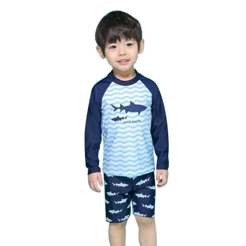 

Boy Rash Guard Swimming Cap Kit Swimwear Children Kid Long Sleeve Shirt Shorts Shark Printed Sunshade Swimsuit Beach Surf Suit