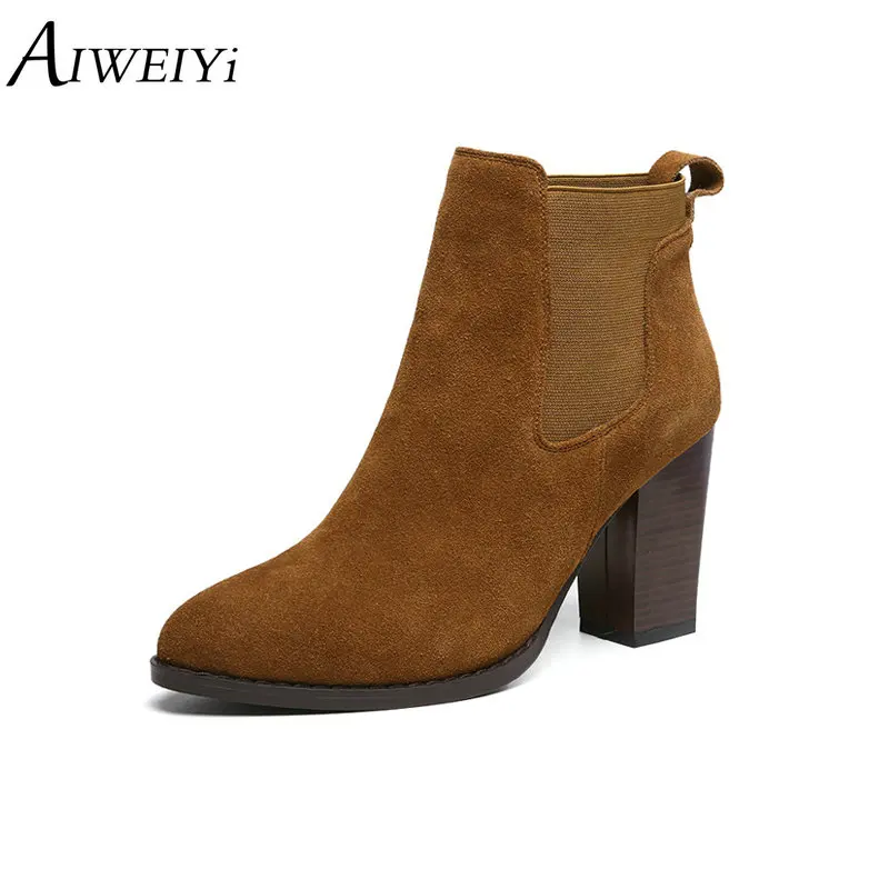 

AIWEIYi 2019 Genuine Leather Ankle Boots For Women Square High Heels Black Brown Green Slip On Platform Shoes Short Booties