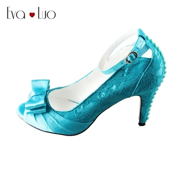 

CHS524 DHL Express Custom Handmade High Heels Bow Ankle Strap Peep Toe Teal Lace Women Shoes Dress Pumps Bridal Wedding Shoes