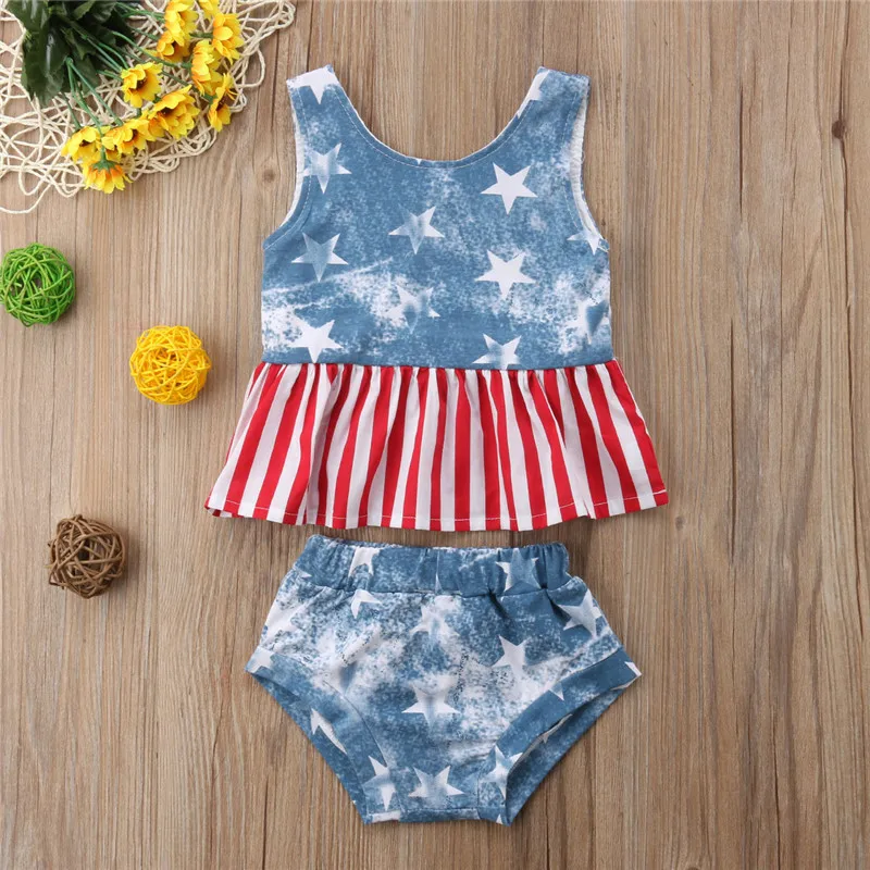 

Stars 4th July Sleeveless T shirt Vest Shorts 2Pcs Cotton Casual Outfits Girl Clothing 0-24M Toddler Kids Girls Clothes Set