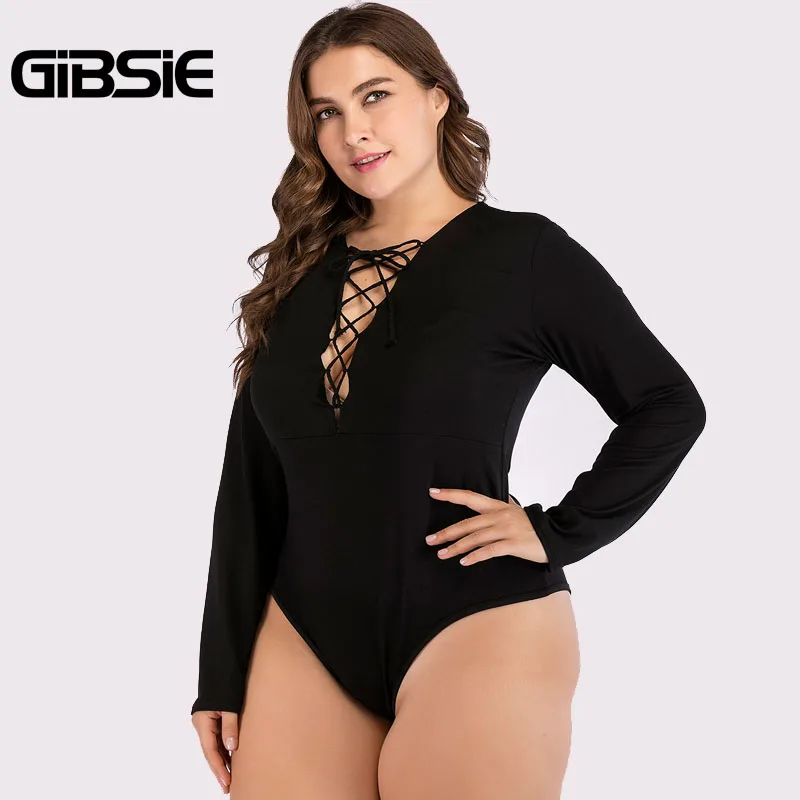 GIBSIE Plus Size Women Clothing Black Sexy Lace up Bodysuit Women Romper 4XL Autumn V-Neck Long Sleeve Solid Bodysuit