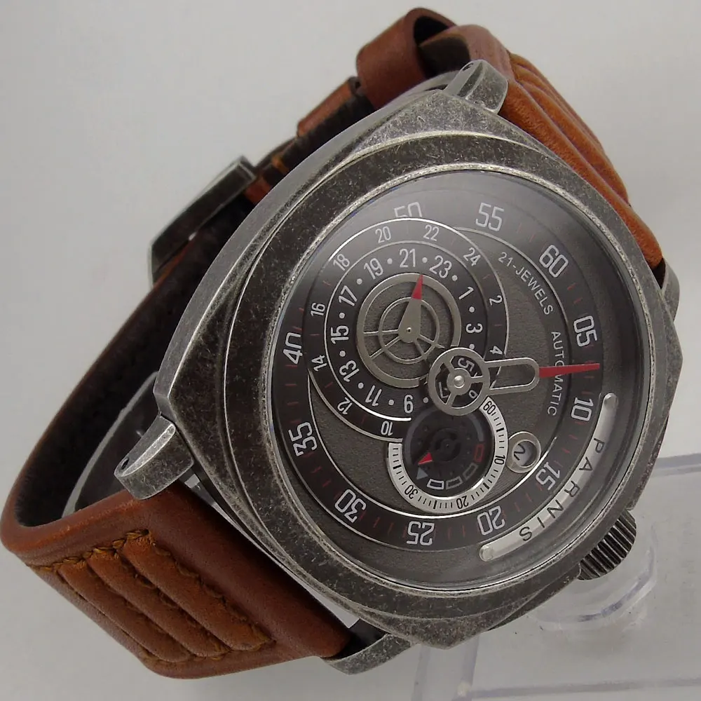  44mm Parnis Black Dial 21 jewels Miyota Automatic Movement Mens Watch